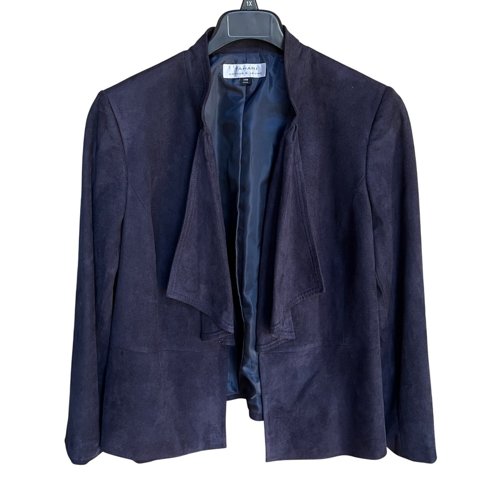 Tahari Levine Womens 14W‎ Navy Faux Suede Waterfall Open Blazer Hipster Money